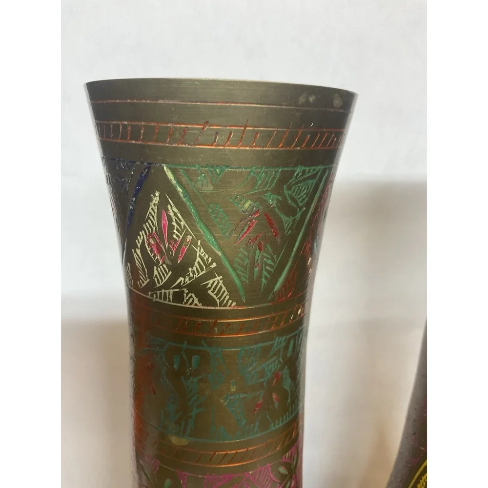 Vtg Brass Hand Etched Multicolored Flower Bud Vases Set of 2 Made In India 12